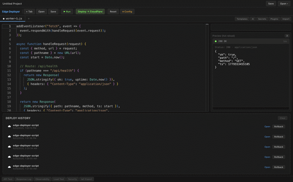 Edge Deployer demo: write, preview, deploy to Cloudflare